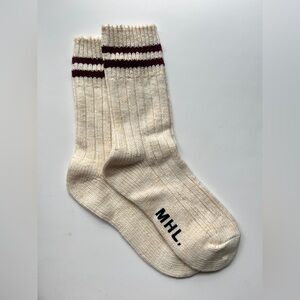 Margaret Howell MHL Cream Wool Socks with Maroon Stripes